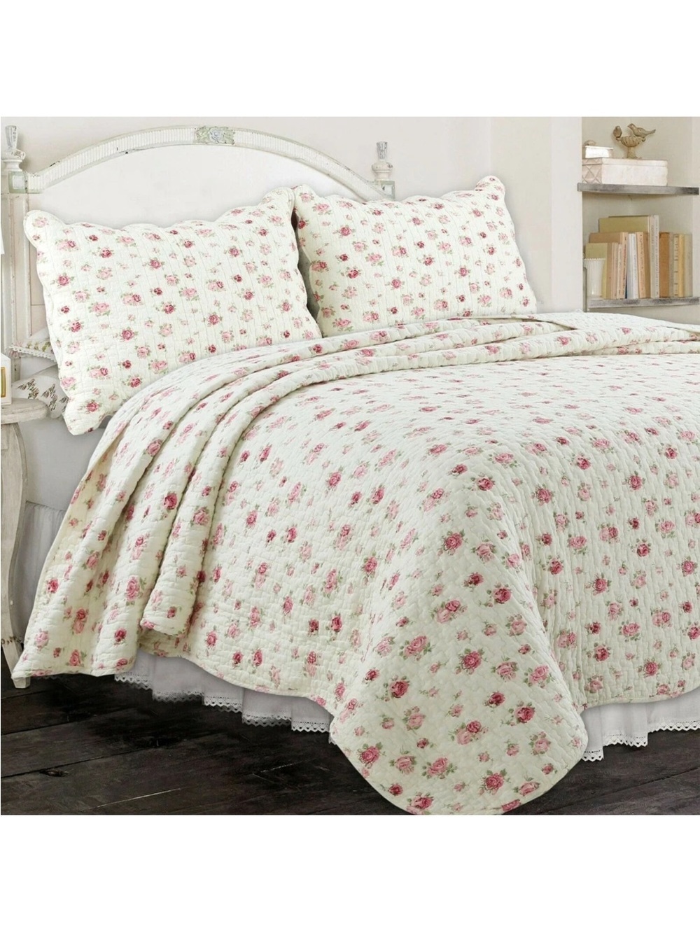 Shabby Chic Floral King Quilt 100% Cotton 1 Pillow Sham